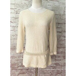 Lafayette 148 Petite P  Beige 100% Linen Sweater Beaded Belt Open Knit Ribbed